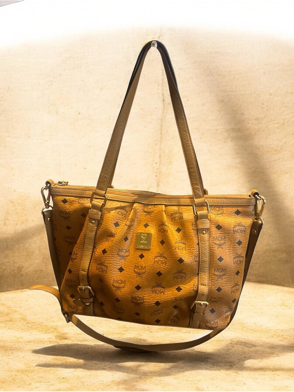 MCM Cognac Logo-Print Visetos Shoulder Bag with Gold Hardware (COA included)